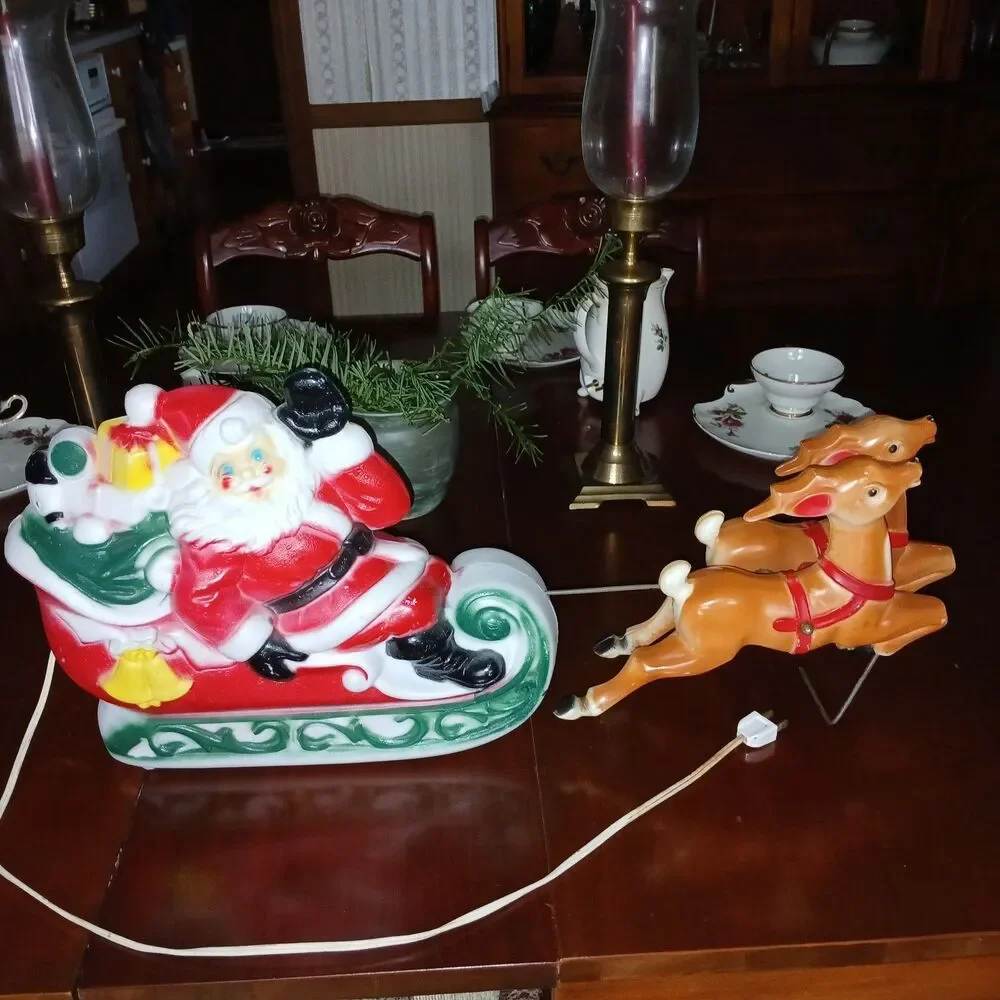Vtg Empire Santa Sleigh & 2 Reindeer Blow Mold Christmas Light Up Figure 22 inch